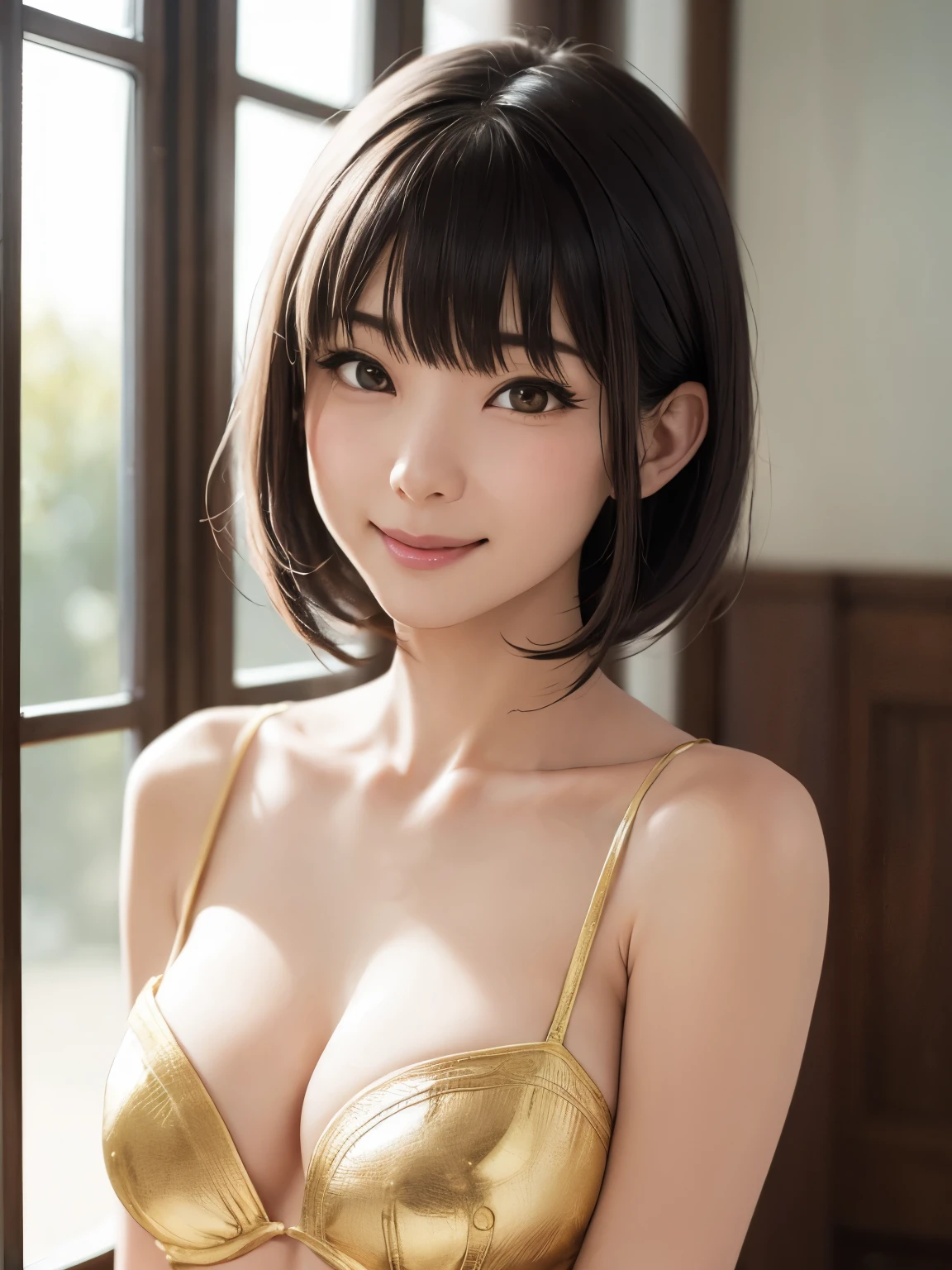 1 girl、highest quality、Realistic、alone、Written boundary depth、Natural soft light、Daytime、charm、Beautiful Face、Cleanliness、Pure Face、White skin、cute、short hair、prohibit、Beach、Light of the sun、Nedium Breast Body Esbian、((セーターを着たBeautiful Faceの黄金比 対称性のあるBeautiful Face))、Long neck、Listen carefully、prohibitのあるきれいな短いボブヘア、Laugh with your mouth closed、Perfect hands指、Perfect hands、Perfect body、Perfect Face、Shine a light into your eyes、Perfect Anatomy:1.4、とてもcuteスーパーモデル:1.4、{huge|big|hugeな|Mega} chest:2, chestの谷間:2