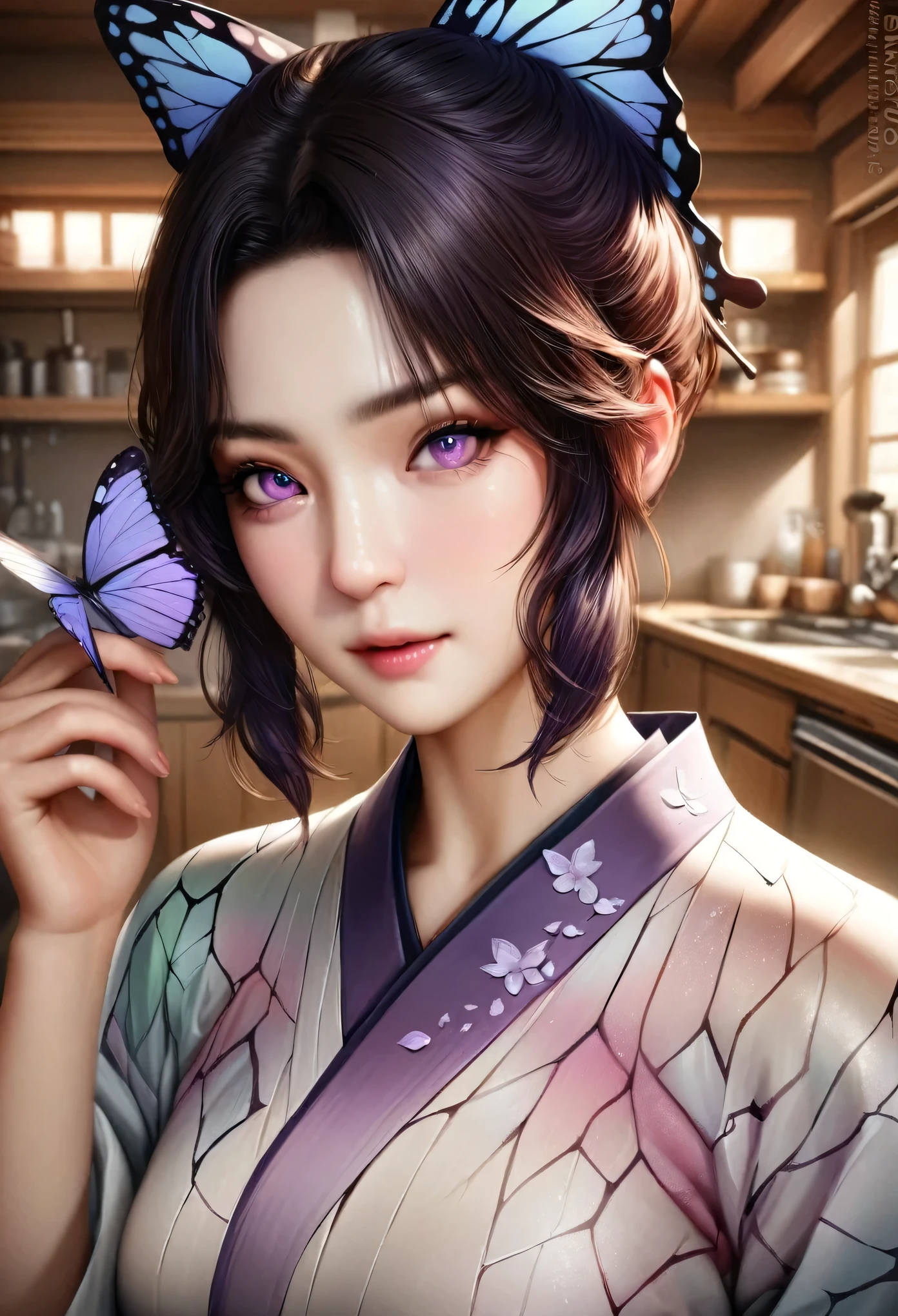 animetoreal,soft light, masterpiece, best quality,high quality,delicate face, realistic,photorealistic,1girl,,Kochou Shinobu, Decorate your hair with a butterfly, violet eyes, multi-colored hair, Short hair, Parted bangs, Japanese dress,in kitchen