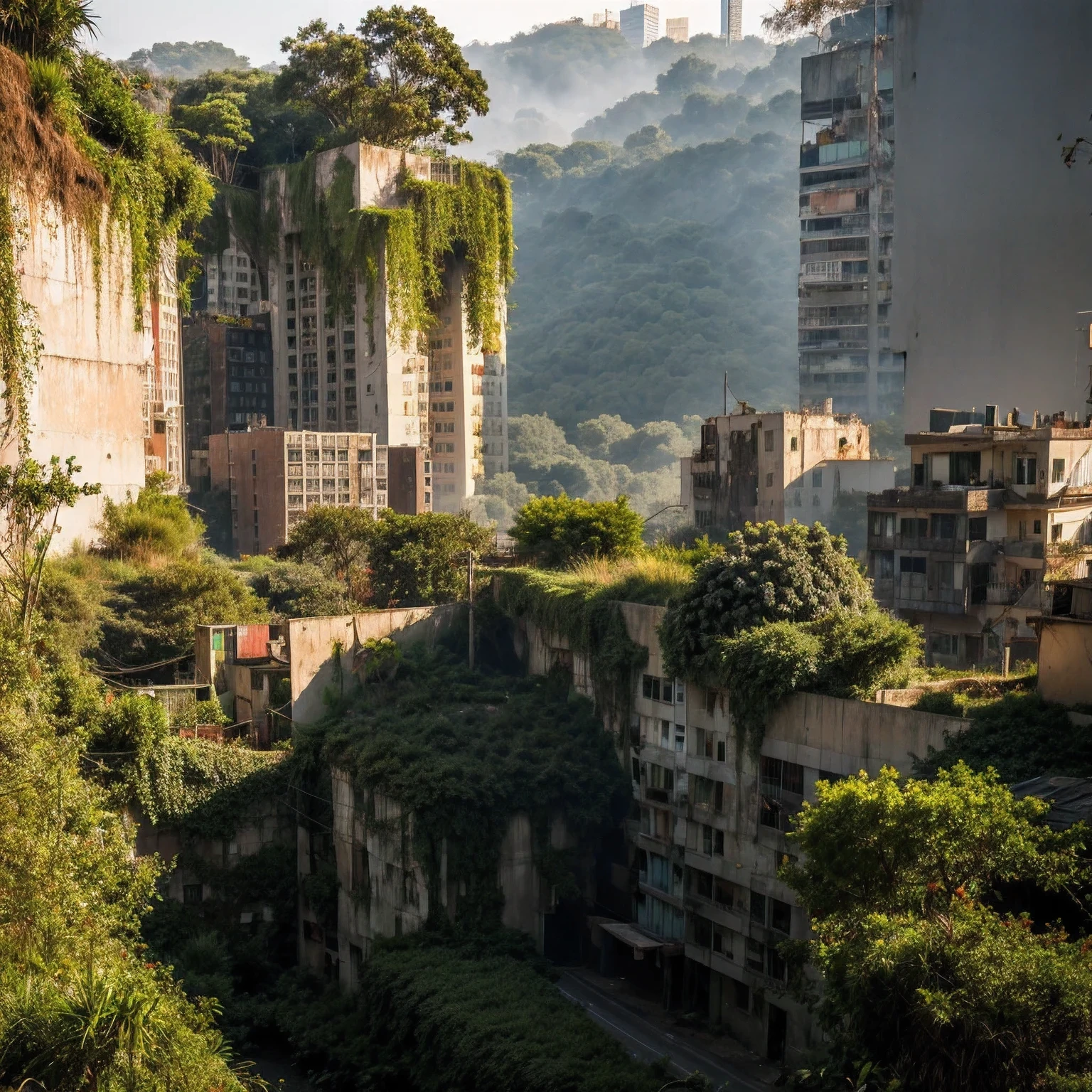 we look down from the mountain into a ravine covered with the Mesopotamian jungle,where the ruins of a modern city stand between the jungle, low-rise buildings are dilapidated and overgrown with vegetation ,glass broken, part of the facades crumbled, rusty car frames overgrown with grass are visible,desolation, abandoned city swallowed up by the jungle, 8k realism, post apocalypse, Photorealism