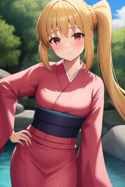 (masterpiece, highest quality:1.2), Blonde girl with red eyes,
 Side Ponytail, Full Bang,yukata,		hands on hips
,Embarrassed, hot spring, 
Super detaileded, highest quality, Expressive eyes, Perfect Face, super high quality, Super detailed