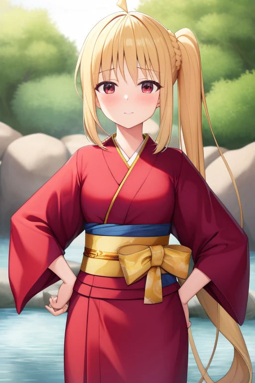 (masterpiece, highest quality:1.2), Blonde girl with red eyes,
 Side Ponytail, Full Bang,yukata,		hands on hips
,Embarrassed, hot spring, 
Super detaileded, highest quality, Expressive eyes, Perfect Face, super high quality, Super detailed