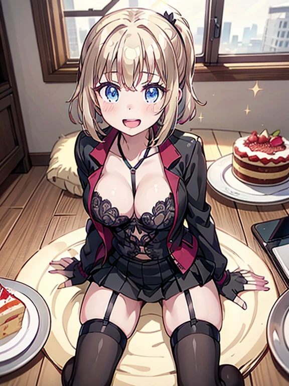 1 girl, small nose, very beautiful detailed face and eyes, bright colors, cute face, delicate beautiful face, Bright magenta eyes, cute eyes, sparkling eyes, Big eyes, (big breasts:1.3), (perky chest:1.1), (pointed chest:1.0), (cake magazine cover:1.3),highest quality, WorKs of masters, High resolution,BlacK color hair,shiny hair, side ponytail,hair between eyes,bangs, (black jacket, real clothes, cleavage, black skirts, black thighhighs, thigh strap, fingerless gloves, single glove:1.2) , spread legs, panties shot, medium hips, glamorous body, white skin, smile, thin pubric hair, super beautiful face, Super beautiful eyes, Super beautiful hair,trendy outfit,sexy and attractive,full body esbian, Real World, Natural light,perfect Natural light,(with sparkling eyes and a contagious smile), This masterpiece is not only visually stunning but also tells, make of cake cooking , in the kitchen, open mouth, looking at viewer,