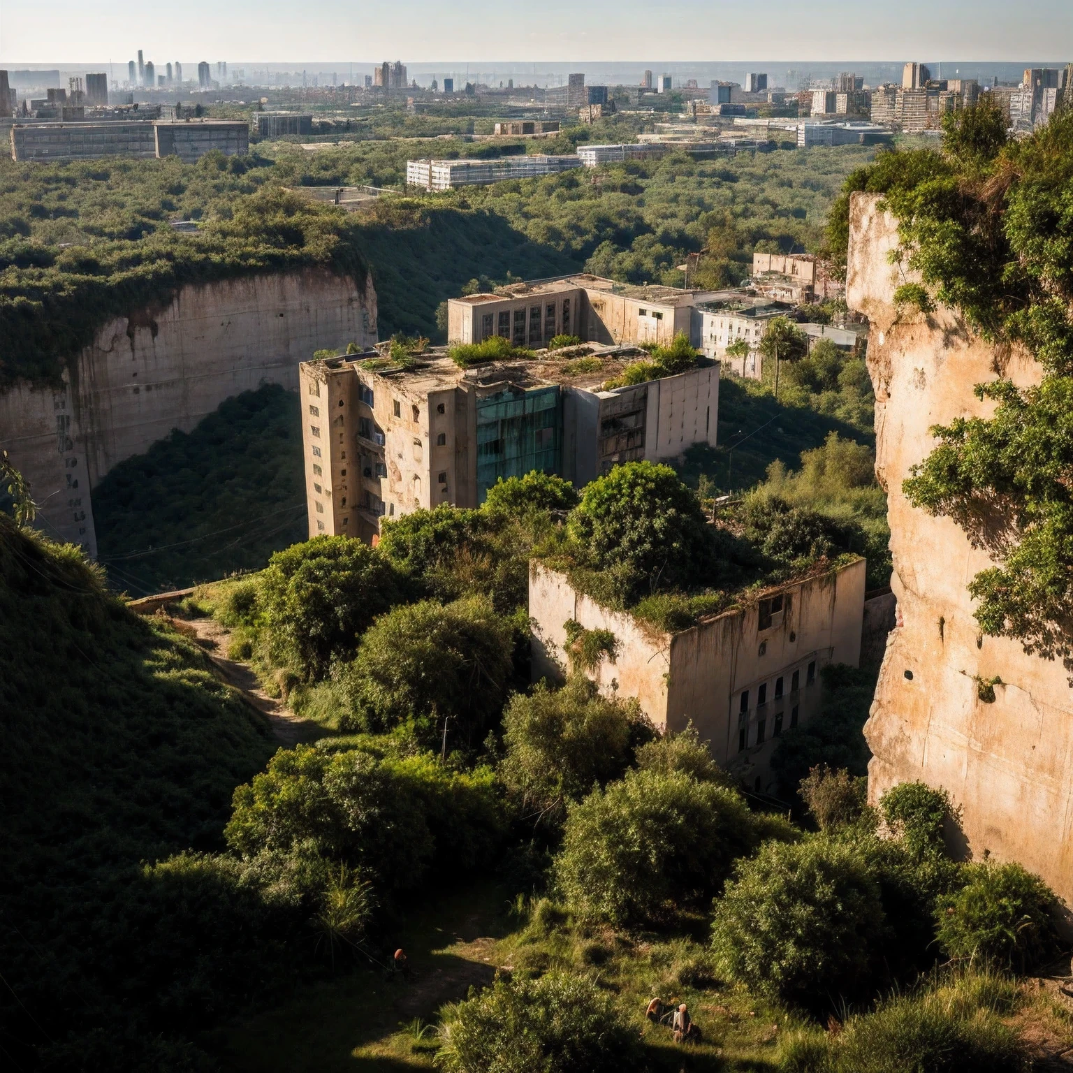 we look down from the mountain into a ravine covered with the Mesopotamian jungle,where the ruins of a modern city stand between the jungle,low-rise buildings are dilapidated and overgrown with vegetation,glass broken, part of the facades crumbled, there are rusty carcasses overgrown with grass,stock,abandoned city swallowed up by the jungle, 8k realism,post apocalypse,Photorealism