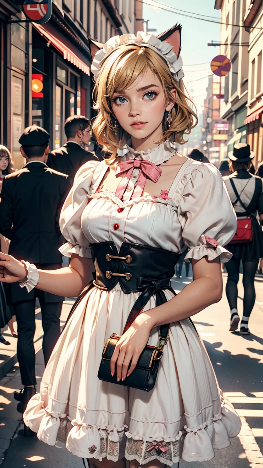Amazing details, 8k photos, Hyperrealism, Professional Light, Realistic Background, Visual depth, Background blur, Wide-angle lens, whole body, (13 years old, cute, change, Flat Chest, Cat ear), One girl, Colored eyes, Blonde, (Lolita fashion: 1.5), (race, Frilled shirt, White petticoat, sneakers), (stuffed toy), pink cute backpack, street, fashion