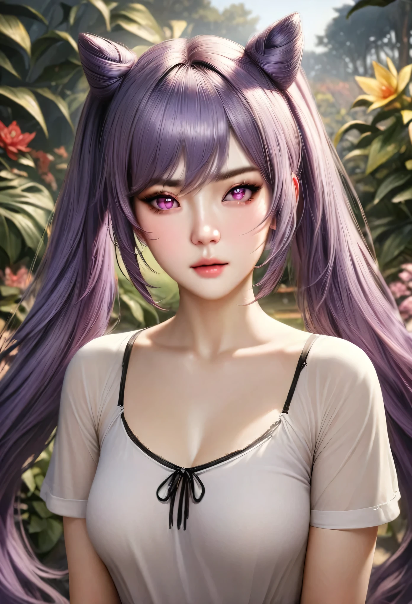 animetoreal,soft light, masterpiece, best quality,high quality,delicate face, realistic,photorealistic,1girl,,keqing,keqing(genshin impact), purple hair,purple eyes,lozenge pupil,diamond eyerings,twintails,medium breasts,bun,bang,botanical garden