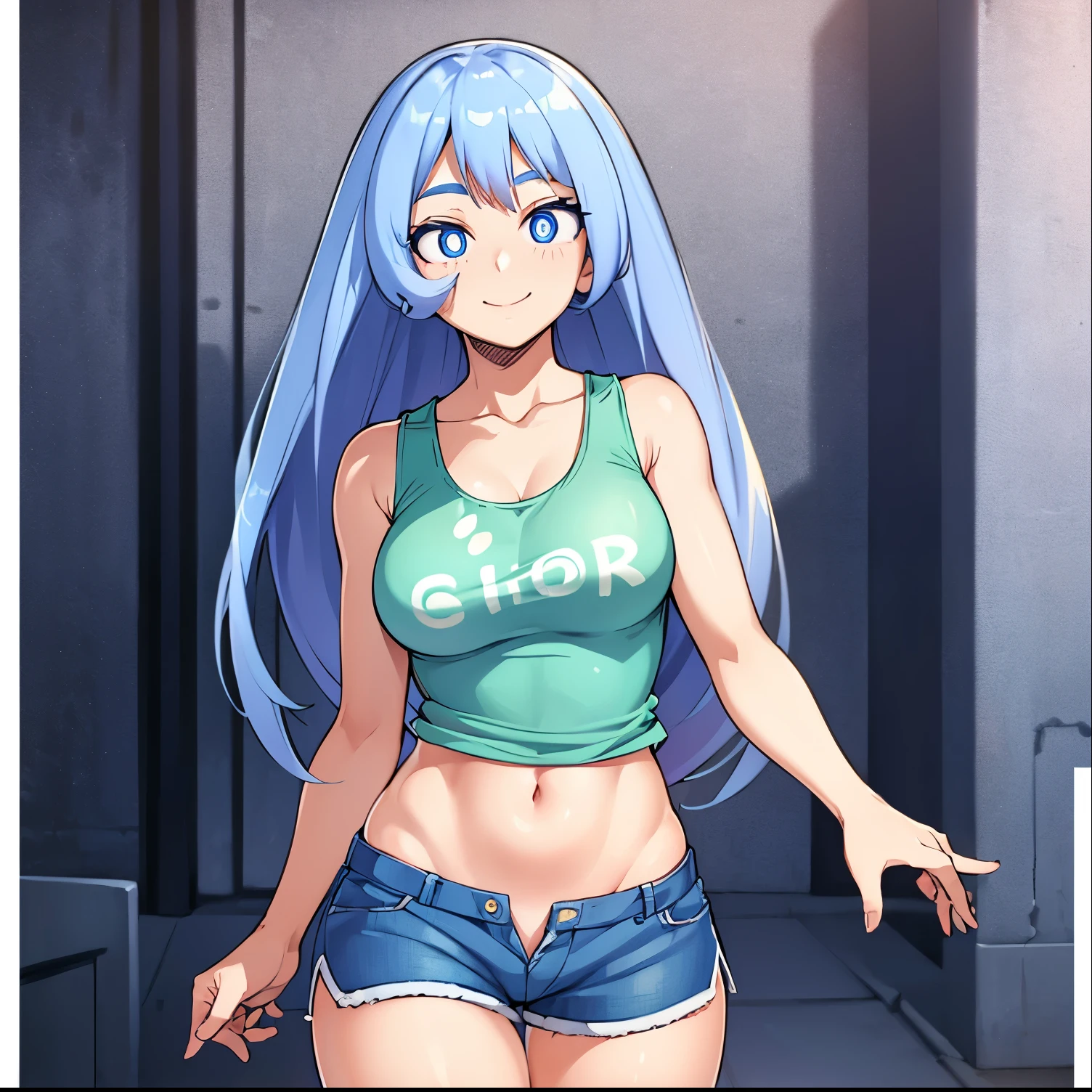 Masterpiece, best quality, high resolution, 1 woman, Long blue hair with pink stripes, smooth, green eyes, Bored face , cat ears , pink t-shirt , black bikini , abdomen, big breasts , Long legs , Put your hands on your hips. , perfect standing posture , canvas shoes , wall , Garbage bags
