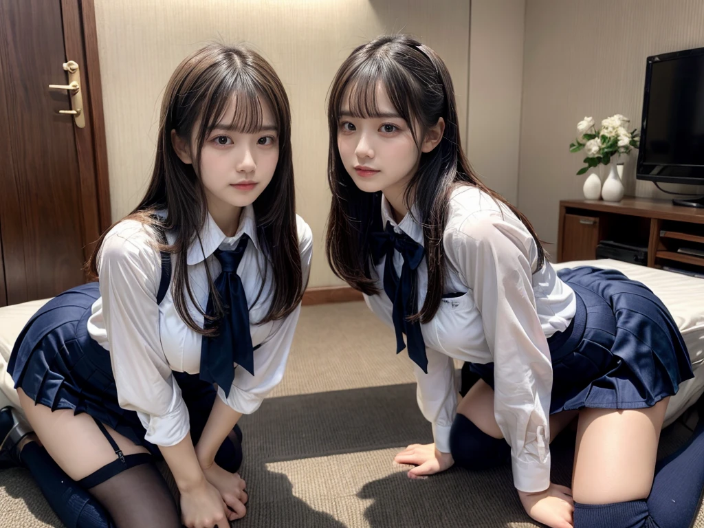 (8K, Raw photography, top-quality, masterpiece:1.2), master piece, best quality, illustration, Super detailed, fine details, High resolution, 8K,wall paper, perfect dynamic composition,(Details High quality, realistic depiction of eyes:1.3), NSFW, ((2 girls, 2 schoolgirls)), The background is a luxury hotel room、High school girl uniform、blazer 、Super Short Check Uniform Skirt、Navy blue high socks、garterbelts、Colossal tits、Disturbed uniform, Play with each other,Touching each other's bodies,Touching the body of the girl next door, short bob hair, black hair color, huge breasts, Big Natural Color Lip, all fours, (perfect body shape), crying a little、cold gaze, Beautiful makeup,glitter makeup,Cutest 18 years old, beautiful legs, Gravure Idol, Voluptuous thighs