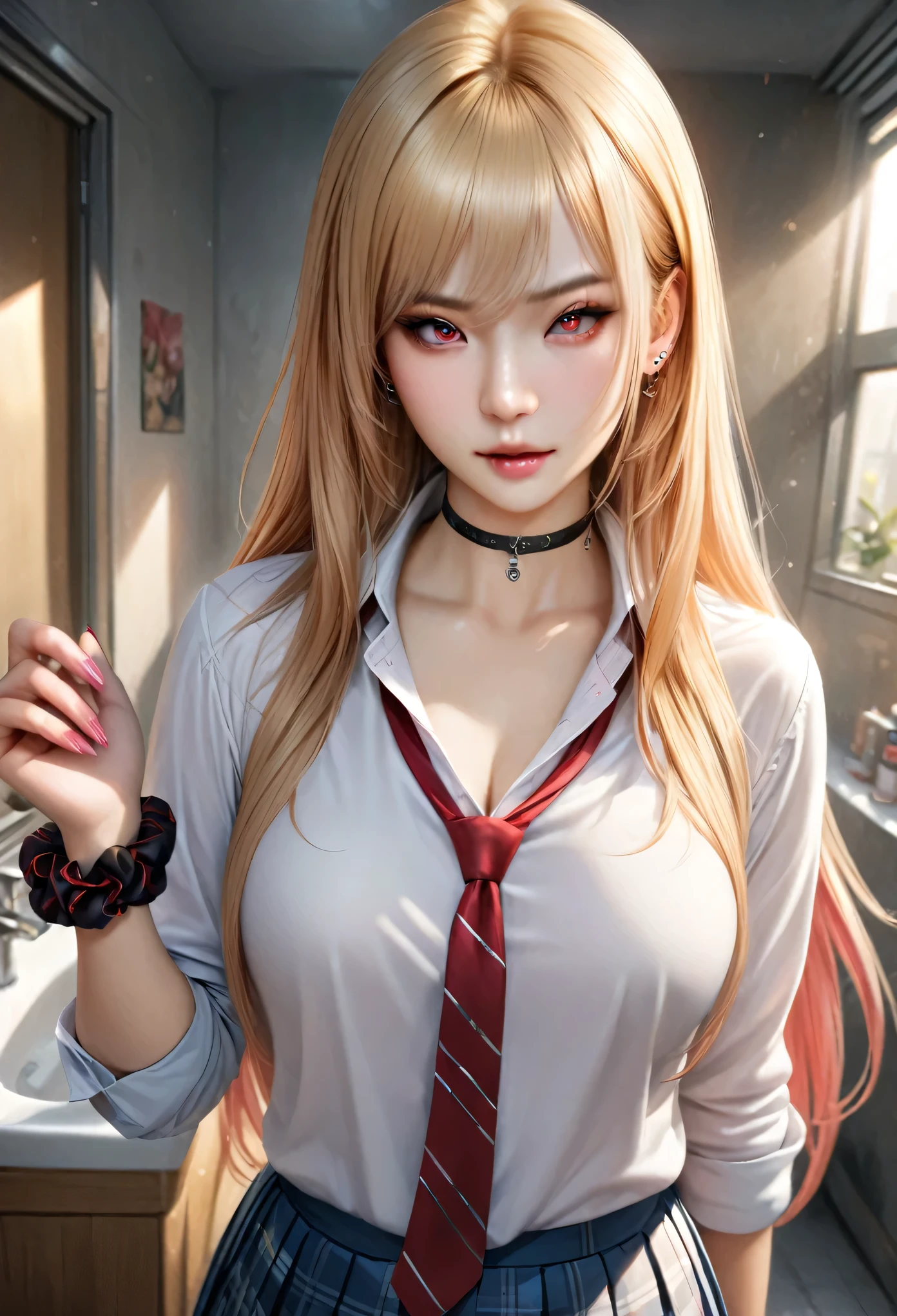 animetoreal,soft light, masterpiece, best quality,high quality,delicate face, realistic,photorealistic,1girl,,Marin Kitagawa, long hair, blonde hair, red eyes, piercing, earrings, ear piercing, stud earrings, black choker, loose necktie, school uniform, white collared shirt, blue skirt, pleated skirt, plaid skirt, wrist scrunchie, long fingernails, pink nails, nail art,,in bathroom