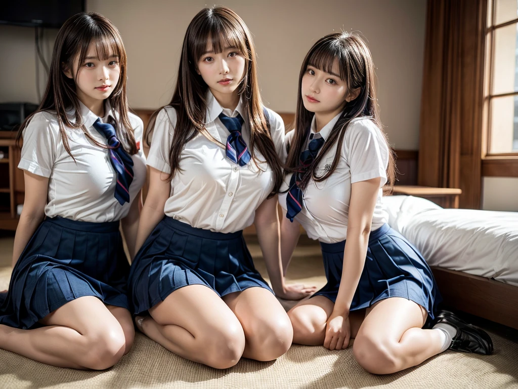 (RAW photo, 4k, masterpiece, high resolution, extremely complex) (realistic: 1.4), cinematic lighting
 ((2 girls, 2 schoolgirls)),Slam Dunk's,blushing,((innocent)),bright eyes,round eyes,blunt bangs,(straight hair:1.3),black hair,large breasts,wide hips,Summer Noon, ,Hot, (Best Quality), (Highres), (an Extremely Delicate and Beautiful),(Beautiful 8k face),(Brown eyes),short bob hair,( spectators),(gigantic breasts),(Play with each other,Touching each other's bodies,Touching the body),(Japanese high school uniform:1.3),blue skirt,(reality),bright lighting,(The background is a luxury hotel room), ((all fours))
