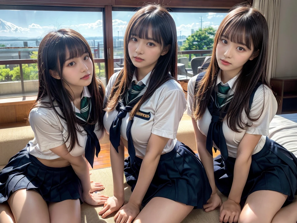 (RAW photo, 4k, masterpiece, high resolution, extremely complex) (realistic: 1.4), cinematic lighting
 ((2 girls, 2 schoolgirls)),Slam Dunk's,blushing,((innocent)),bright eyes,round eyes,blunt bangs,(straight hair:1.3),black hair,large breasts,wide hips,Summer Noon, ,Hot, (Best Quality), (Highres), (an Extremely Delicate and Beautiful),(Beautiful 8k face),(Brown eyes),short bob hair,( spectators),(gigantic breasts),(Play with each other,Touching each other's bodies,Touching the body),(Japanese high school uniform:1.3),blue skirt,(reality),bright lighting,(The background is a luxury hotel room), ((all fours))