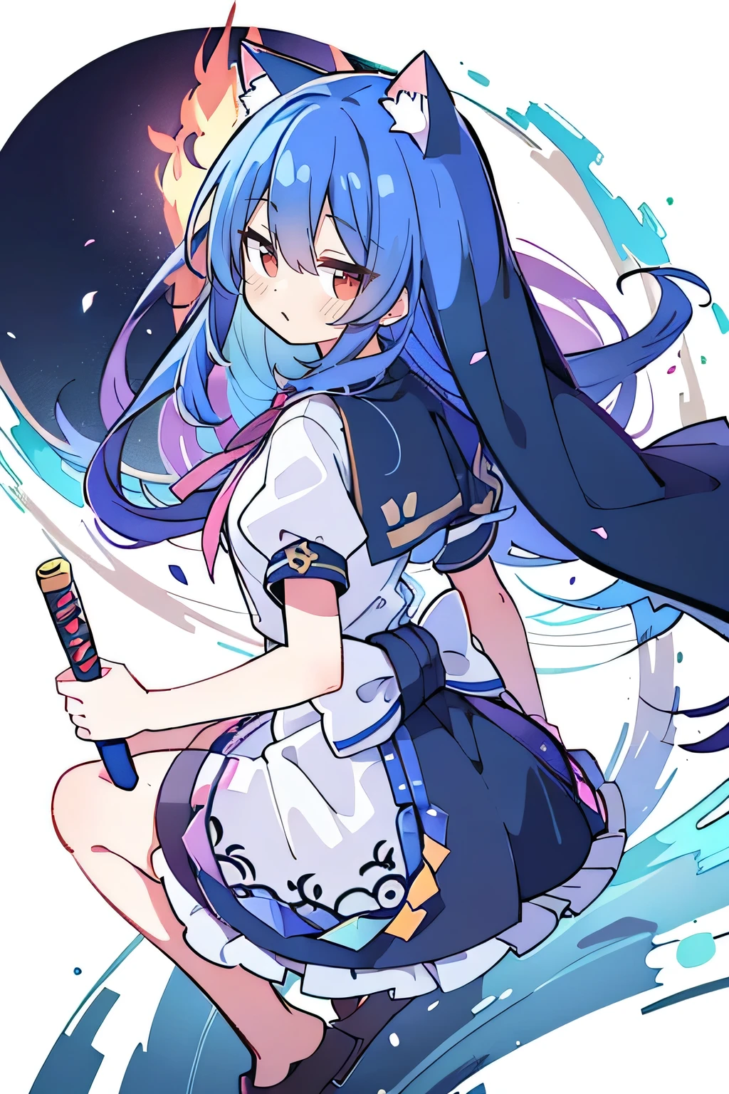 (masterpiece:1.2), extremely detailed, practical, expressive eyes, fair skin, perfect face shaping, 1 girl, japanese anime, gorgeous blue hair, the long flowing blue hair, floating clothes, cat ears, petals fall, beautiful lola, young angel, place your hands on your waist, sit elegantly on the ground, cross your legs, gentle and peaceful background, stately church, nun, detailed anime girl holding a sword in a fire scene, epic anime artwork, 4k anime wallpaper, 4k anime art wallpaper, 4k anime art desktop, 4k anime wallpaper, 8k anime art wallpaper, 4k anime wallpaper, 8k evil anime, anime wallpaper, anime wallpapers, hd anime wallpaper, 4k anime style,back view.