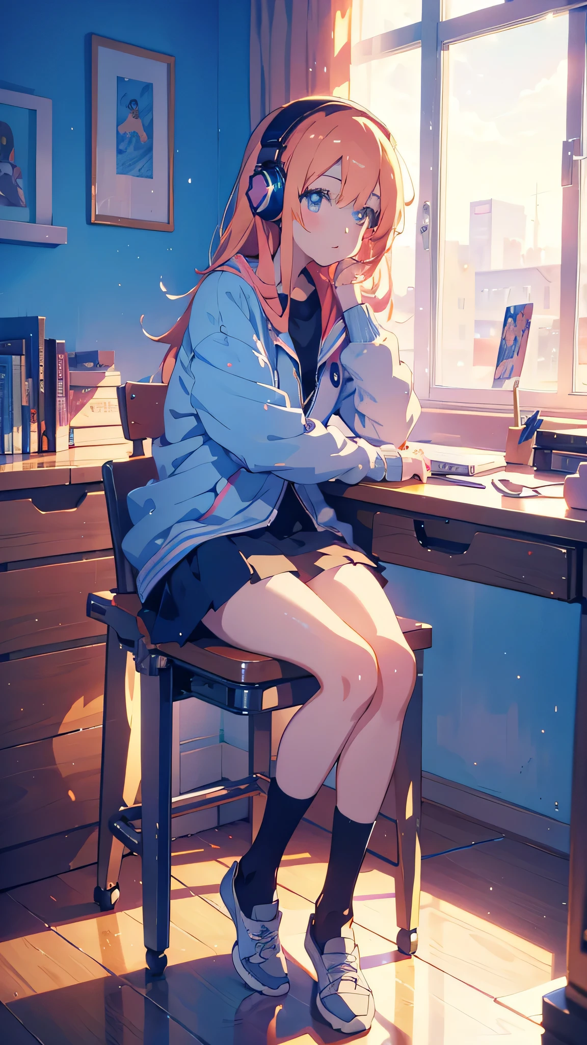 Anime girl sitting at a desk with headphones on and writing, Anime Style 4 k, Digital anime illustration, Digital anime art, Anime Style. 8k, Anime Moe Art Style, anime art wallpaper 4k, anime art wallpaper 4k, Anime Style illustration, Smooth anime CG art, detailed Digital anime art, Anime Art Wallpapers 8K, Realistic Anime 3D Style