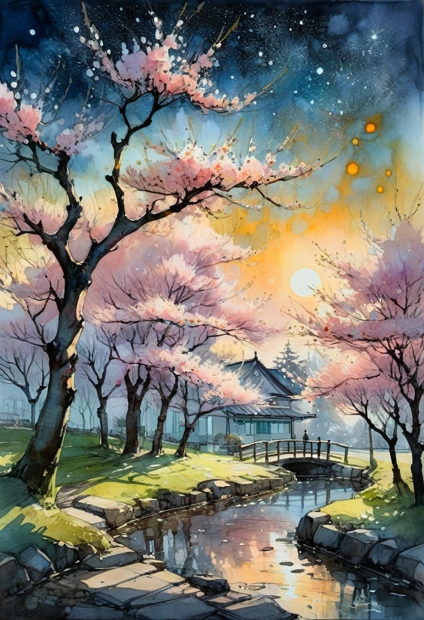 Watercolor Landscape, A beautiful cherry blossom garden underneath luminous sunset!! Beautiful sparkling flowers, starry sky, Andreas Lie, Quentin Blake, Alex Maleev, Pascal Campion, in Gouache Style, Watercolour, Impasto Gouache, thick layers of gouache watercolors textured on Canvas, Matte Painting, dramatic, dark, traditional media,watercolor \(medium\),pencil \(medium\),paper \(medium\),painting \(medium\)