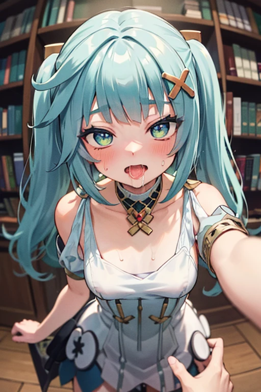 ((masterpiece, best quality)), high resolution, highly detailed, detailed background, perfect lighting,detailed beautiful eyes, 1girl,solo,embarrassed,blush,show off nipple,steam,sweat,in heat,heavy breathing,saliva,naughty smile,look at viewer,(open mouth,oral,spread mouth:1.3),ahegao,face focus,(from above:1.2), (pov:1.4),(front view:1.2), provocative eyes,drool stringing,drivel,fisheye lens,(stick tongue out),be breathless,slender,small breast,hair ornament, green hair, twintails, long hair, dress,library