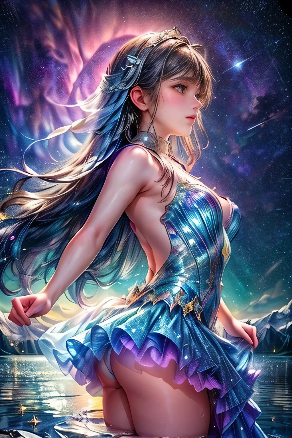 raw photo:1.2, masterpiece, highest quality, 16k, unbelievably absurd, very detailed, perfect beauty, (double exposure vibrant colors silhouette:1.3), (layered vibrant colors silhouette:1.2), (water world photo scenery), diamond dust, starry sky with aurora, flowing sheer dress, flowy long hair, (lake:1.2), (realistic photo scenery), (starlight), (ballerina girl dancing,romantic tutu), 