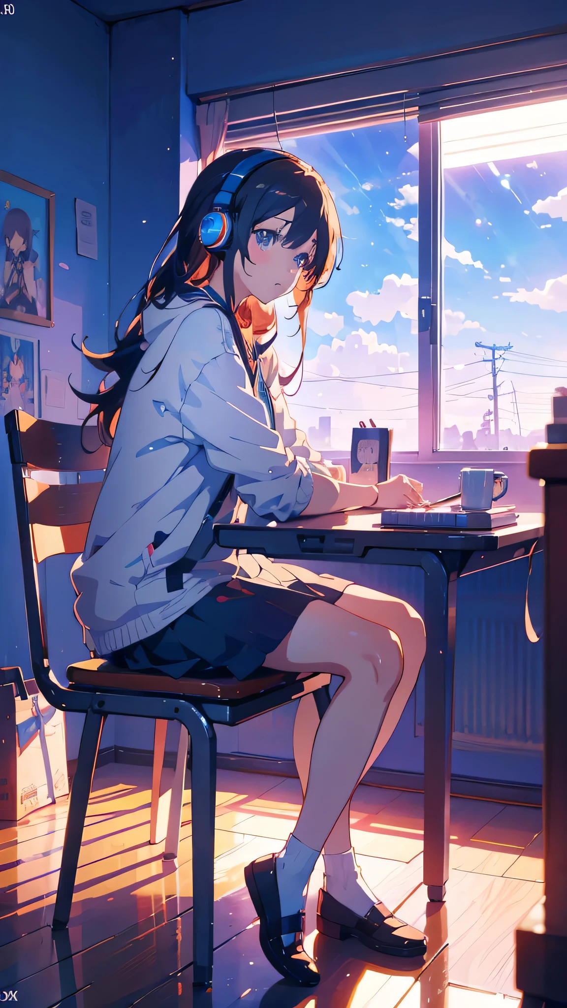 Anime girl sitting at a desk with headphones on and writing, Anime Style 4 k, Digital anime illustration, Digital anime art, Anime Style. 8k, Anime Moe Art Style, anime art wallpaper 4k, anime art wallpaper 4k, Anime Style illustration, Smooth anime CG art, detailed Digital anime art, Anime Art Wallpapers 8K, Realistic Anime 3D Style