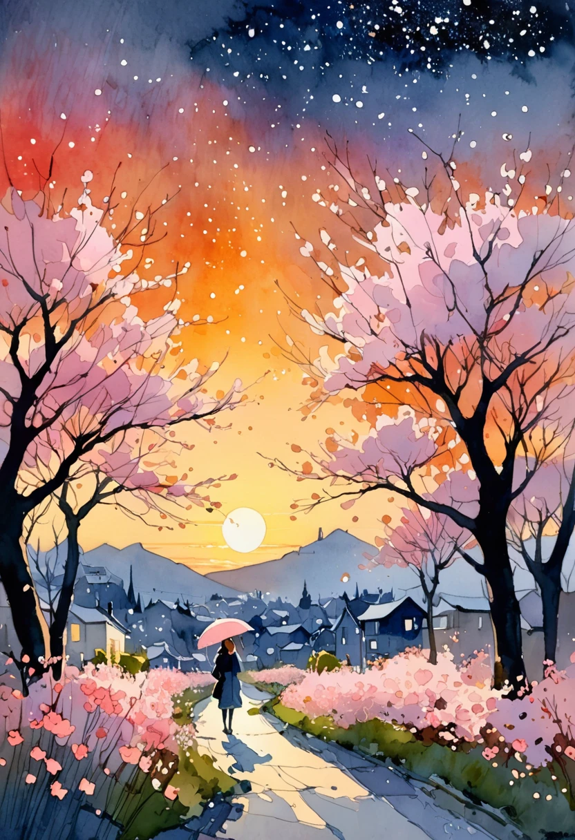 Watercolor Landscape, A beautiful cherry blossom garden underneath luminous sunset!! Beautiful sparkling flowers, starry sky, Andreas Lie, Quentin Blake, Alex Maleev, Pascal Campion, in Gouache Style, Watercolour, Impasto Gouache, thick layers of gouache watercolors textured on Canvas, Matte Painting, dramatic, dark, traditional media,watercolor \(medium\),pencil \(medium\),paper \(medium\),painting \(medium\)