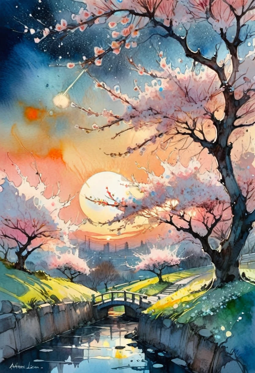 Watercolor Landscape, A beautiful cherry blossom garden underneath luminous sunset!! Beautiful sparkling flowers, starry sky, Andreas Lie, Quentin Blake, Alex Maleev, Pascal Campion, in Gouache Style, Watercolour, Impasto Gouache, thick layers of gouache watercolors textured on Canvas, Matte Painting, dramatic, dark, traditional media,watercolor \(medium\),pencil \(medium\),paper \(medium\),painting \(medium\)