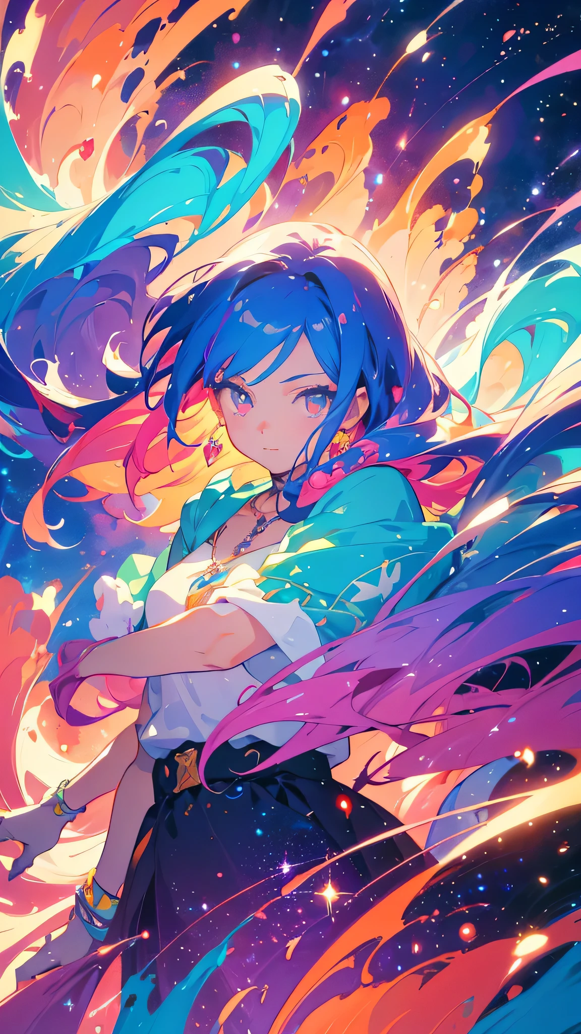 Close-up of a woman with colorful hair and necklace, Anime girl with space-like hair, Ross paints a soft, lively picture, Gvez-style artwork, Fantasy art style, colorful], Vivid fantasy style, Ross draws vibrant cartoons, cosmic and colorful, Gweitz, colorful digital fantasy art, Great art style, Beautiful anime style, Shiny Hair