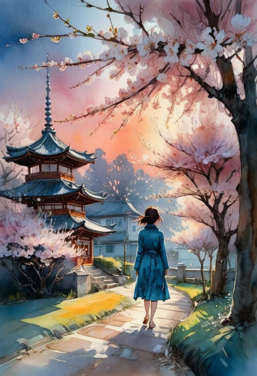 Watercolor Landscape, A beautiful cherry blossom garden underneath luminous sunset!! Beautiful sparkling flowers, starry sky, Andreas Lie, Quentin Blake, Alex Maleev, Pascal Campion, in Gouache Style, Watercolour, Impasto Gouache, thick layers of gouache watercolors textured on Canvas, Matte Painting, dramatic, dark, traditional media,watercolor \(medium\),pencil \(medium\),paper \(medium\),painting \(medium\)