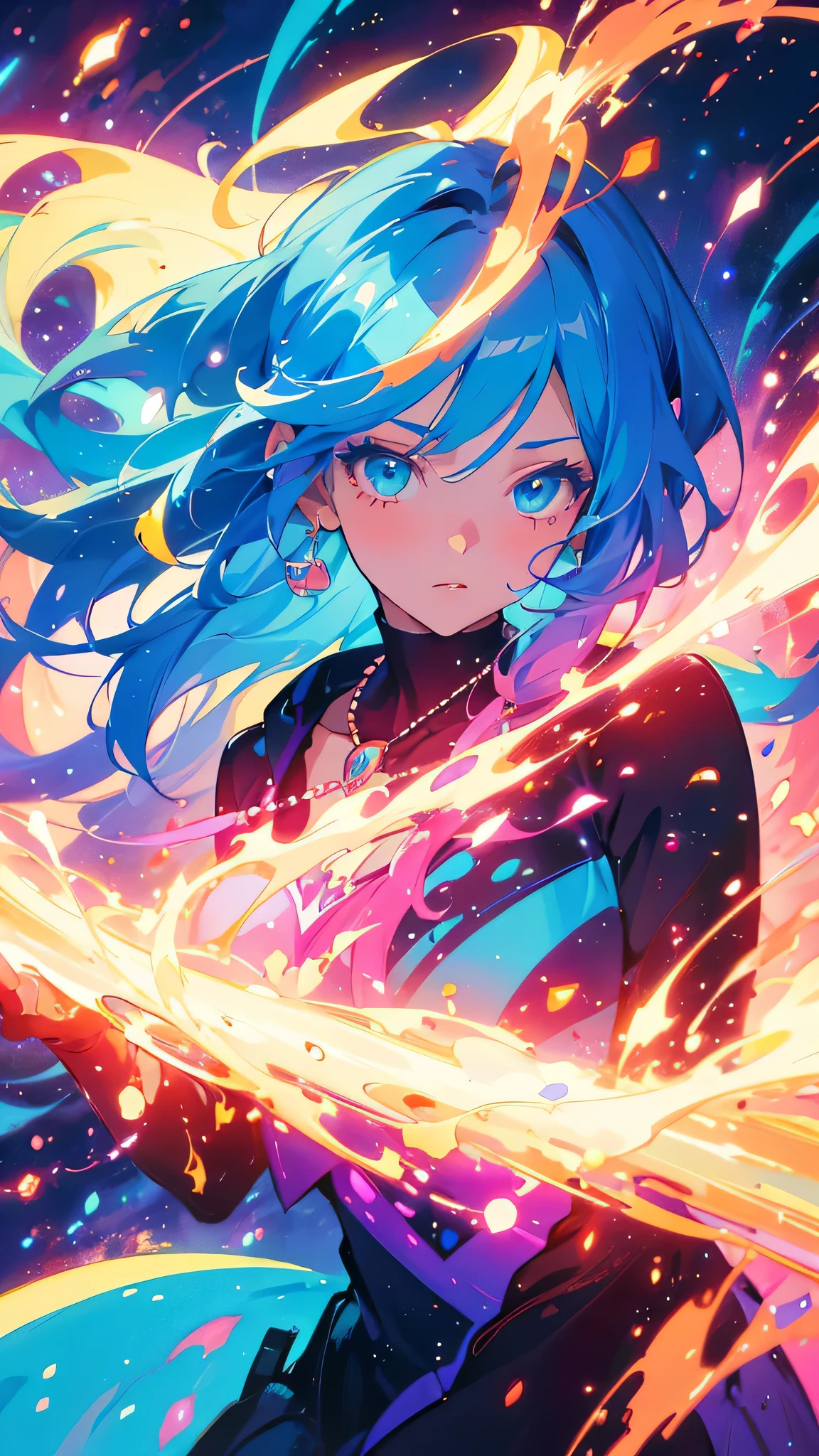 Close-up of a woman with colorful hair and necklace, Anime girl with space-like hair, Ross paints a soft, lively picture, Gvez-style artwork, Fantasy art style, colorful], Vivid fantasy style, Ross draws vibrant cartoons, cosmic and colorful, Gweitz, colorful digital fantasy art, Great art style, Beautiful anime style, Shiny Hair