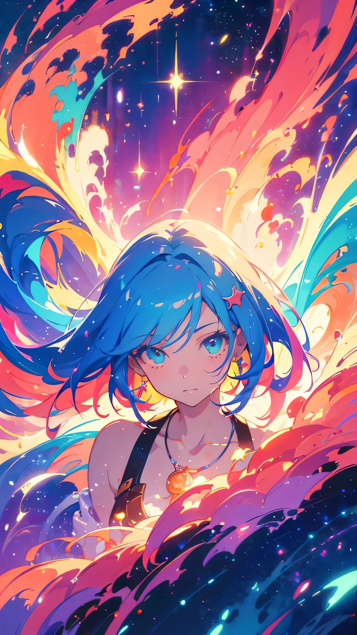 Close-up of a woman with colorful hair and necklace, Anime girl with space-like hair, Ross paints a soft, lively picture, Gvez-style artwork, Fantasy art style, colorful], Vivid fantasy style, Ross draws vibrant cartoons, cosmic and colorful, Gweitz, colorful digital fantasy art, Great art style, Beautiful anime style, Shiny Hair