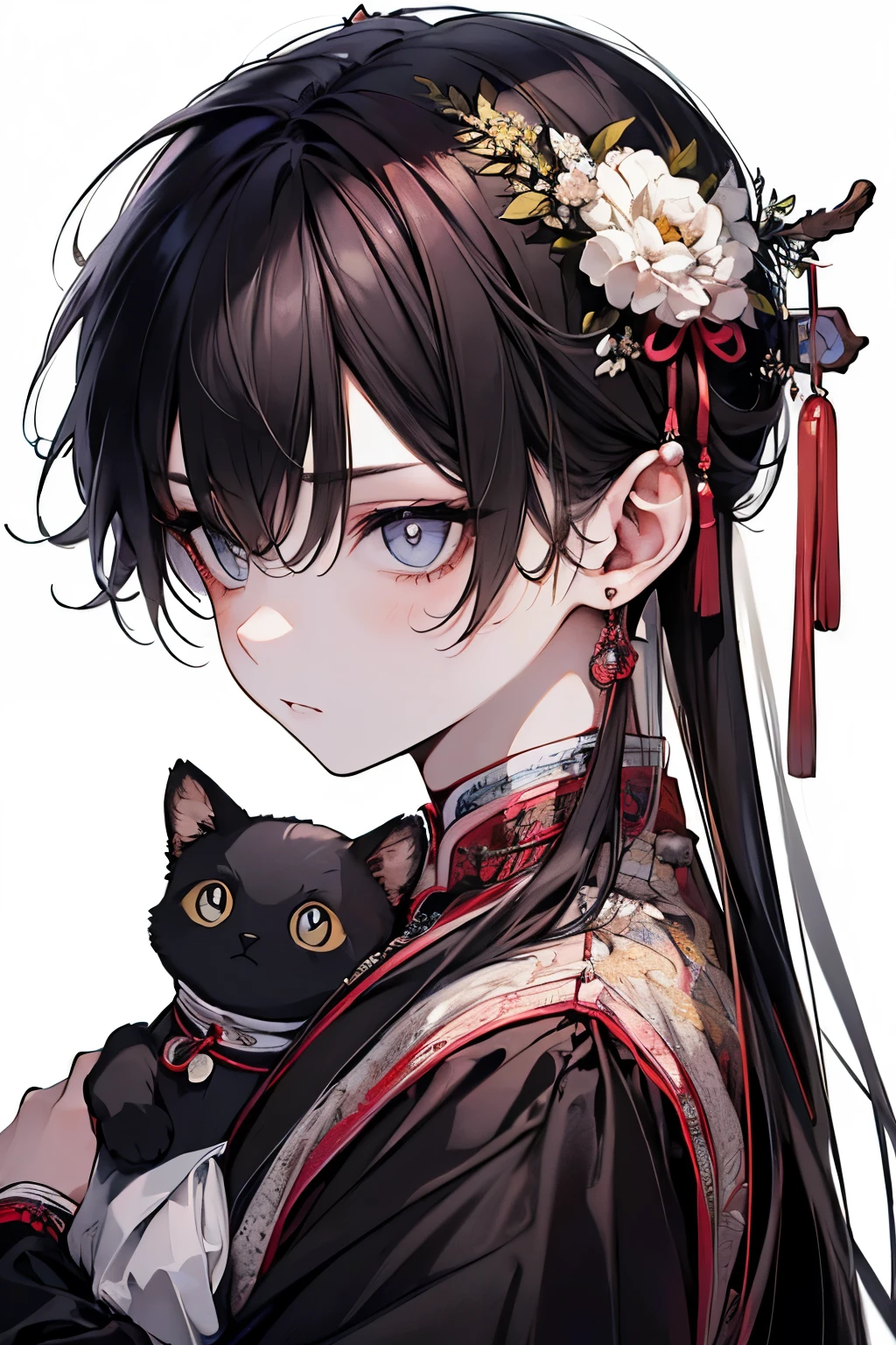 (little boy:1.45)、(masterpiece、highest quality、highest quality、Beautiful and beautiful:1.2)、(Good anatomy:1.5)、((he is holding a stuffed rabbit with great care:1.2))、(Hanfu costume:1.35)、He puffs out his cheeks and looks at me with a sulky expression.、Close-up of face、Large earrings