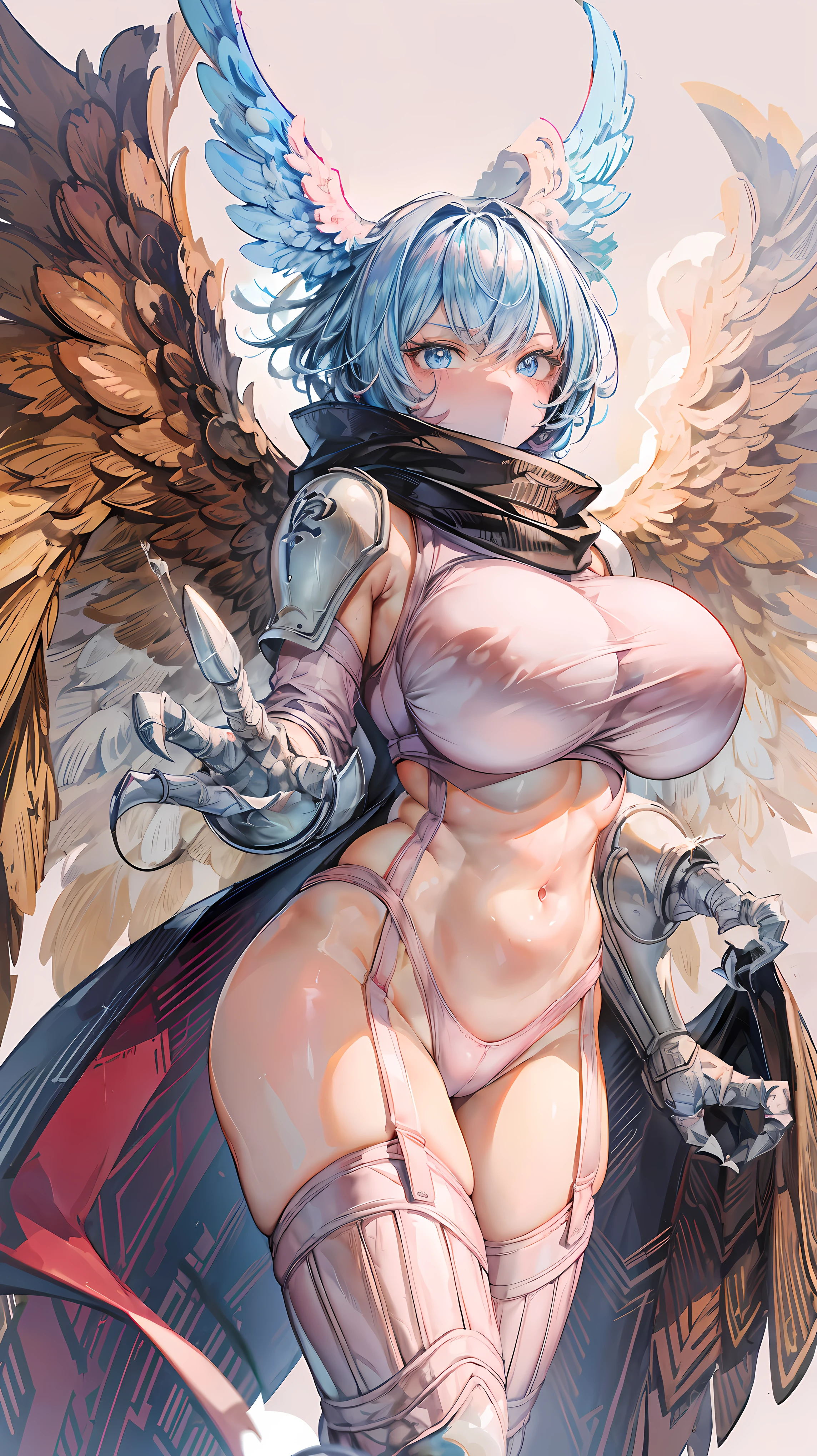 Very detailed、highest quality、Best image quality、masterpiece、8k、Anime Face、A kind smile、Sparkling blue eyes、(Big Breasts:1.5)、shutumon、Cowboy Shot、(highleg:1.5)、Claw Hand、shy,scarf,big head wings,(mouth mask),facial mark,midriff,leash,pink paw footwear,(pink sweatshirt),(garter straps),big brown feathered wings,scarf,pink thighhighs,hand of guido daniele