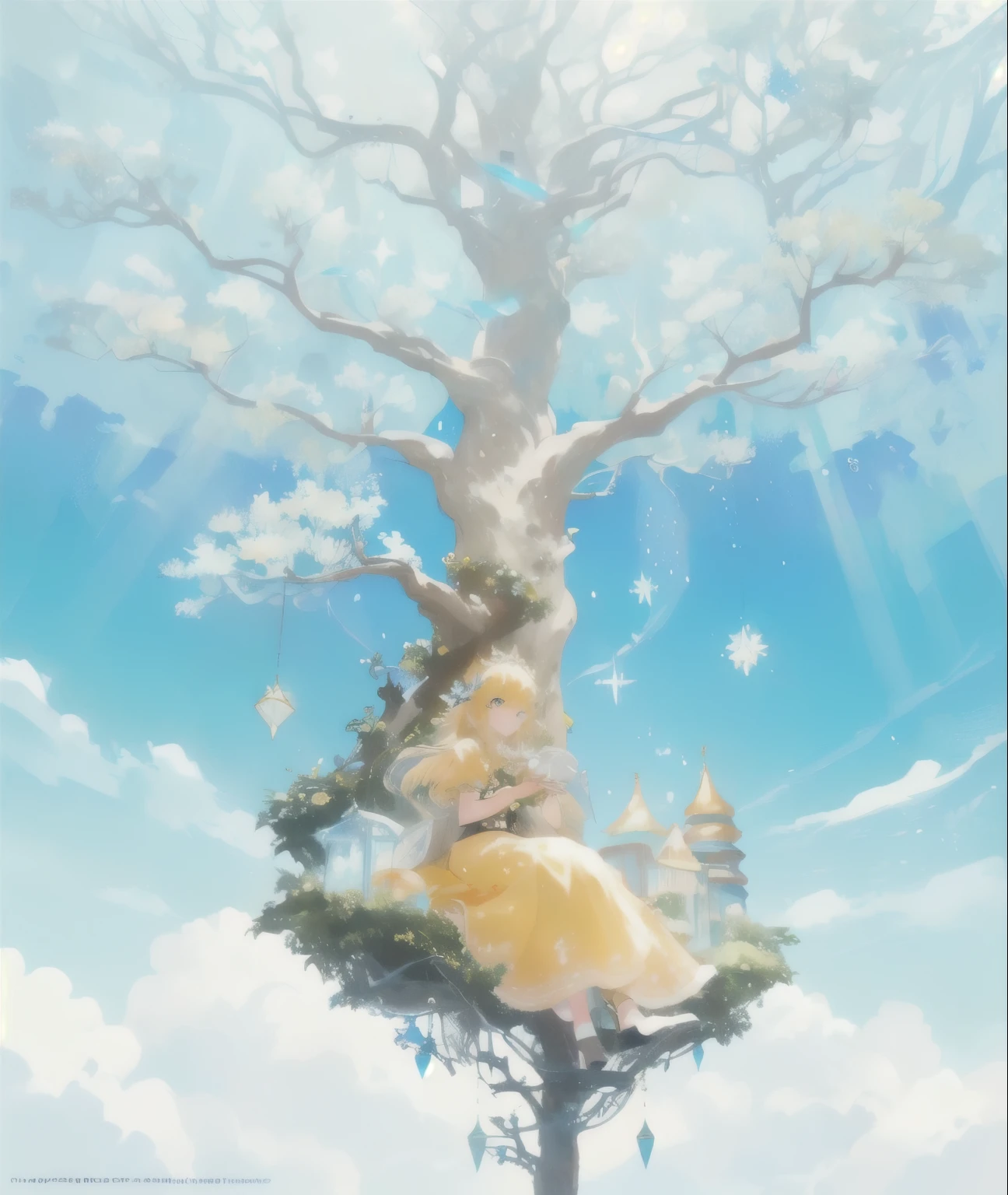 cartoon of a tree with a blonde hair,yellow eye,yellow dress girl sit at the bottom , graphic of enchanted terrarium, concept art magical highlight, golden sacred tree, fantasy tree, in the white clouds fairyland, magic tree, lucy in the sky with diamonds, concept illustration, fairytale illustration, !dream concept art, magical tree, fairy tale illustration, emitting spore clouds, diamond trees