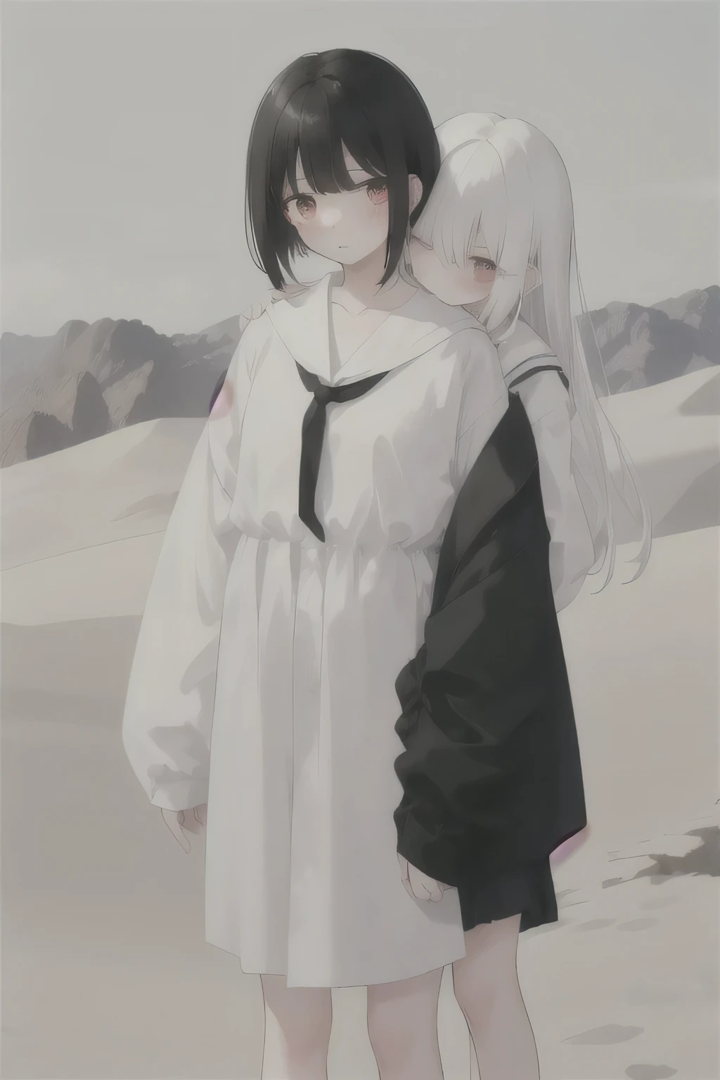 2 girls,Girl 1:Lovely,Black hair,short black hair,White,White dress,girl 2:Lovely,White hair,Long gray hair,White,White dress,Embrace,Background Desert,shy,blush,One girl stands in front and the other girl stands in the back,normal limbs