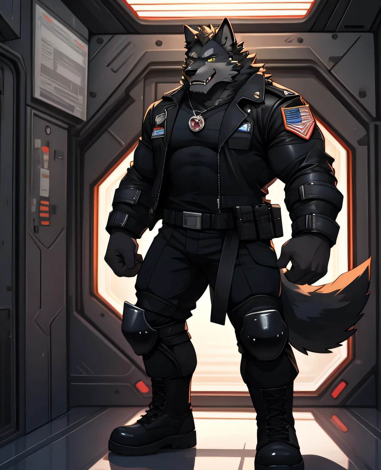 Best quality,Wolf Orc,Black fur,Red pupil,(Strong body,Muscular:1.3),soldier,Handsome,Solitary,Standing,Bad laughter,(confident:1.2),(Black leather jacket:1.2),(Black T-shirt:1.2),Dark grey military pants,(Knee pads on the knees:1.2),Black combat boots,(In space station 1.2)。