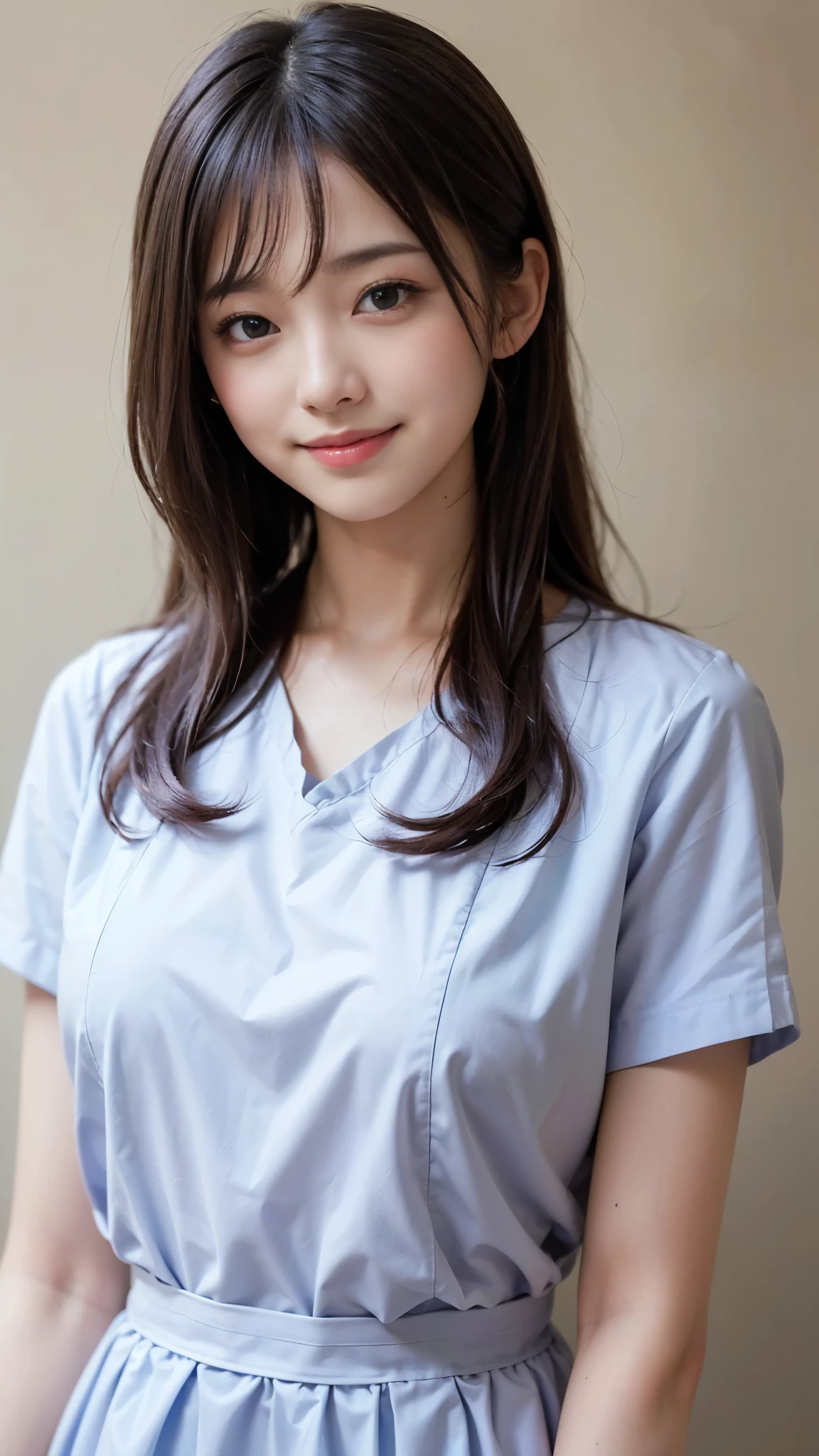 ((highest quality、Masterpiece、High resolution))、(((Zoom photo of upper body)))、(A shy smile:1.2)、One 15-year-old female、Beautiful Skin、Beautiful Eyes、Large Breasts、Nurse uniform、Black Hair、Trimmed bangs、Semi-long hair
