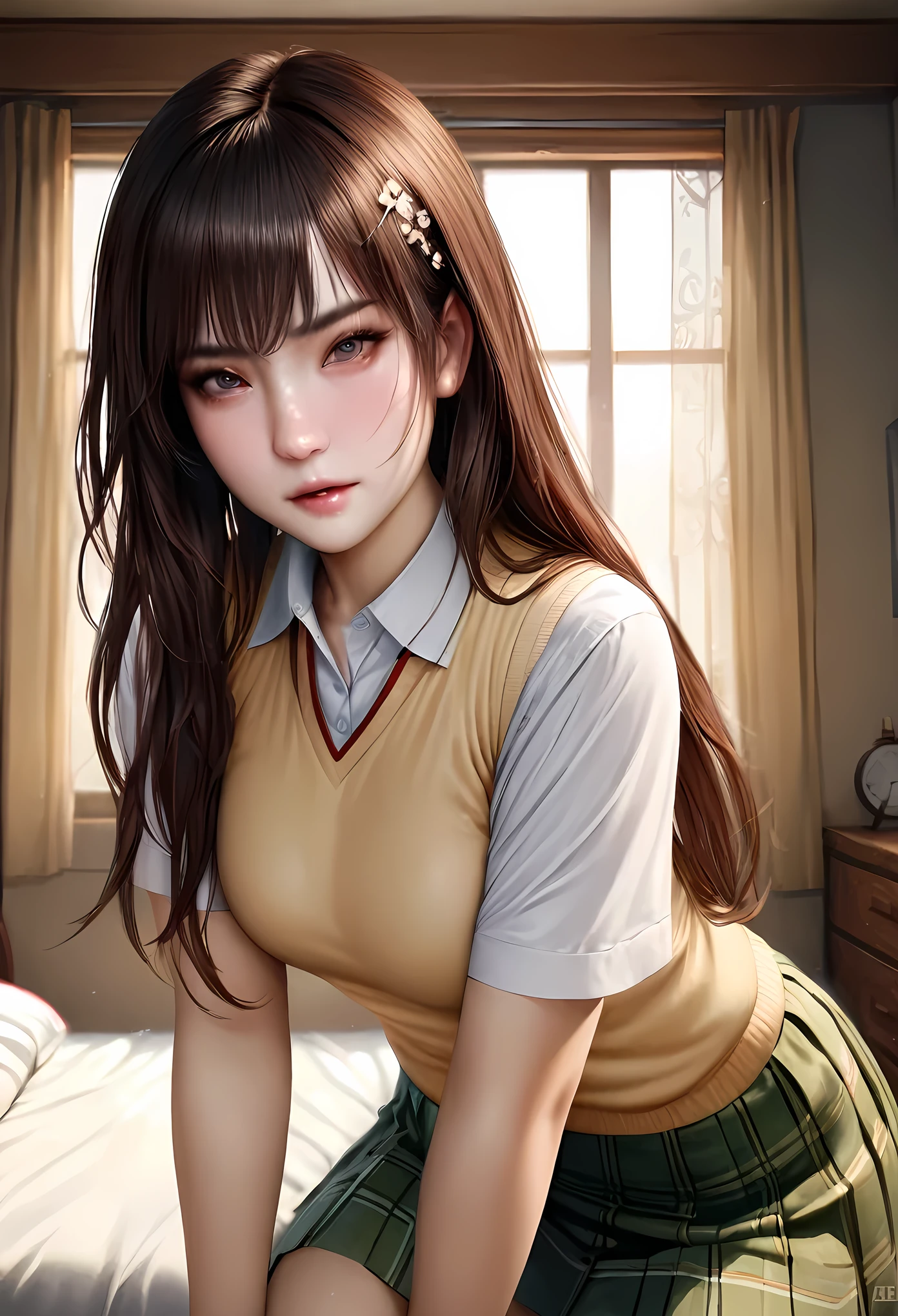 animetoreal,soft light, masterpiece, best quality,high quality,delicate face, realistic,photorealistic,1girl,,Mikan Yuuki, brown eyes, brown hair, hair ornament,long hair,green plaid skirt, sainan high school uniform, school uniform, white shirt, yellow sweater vest,in bedroom