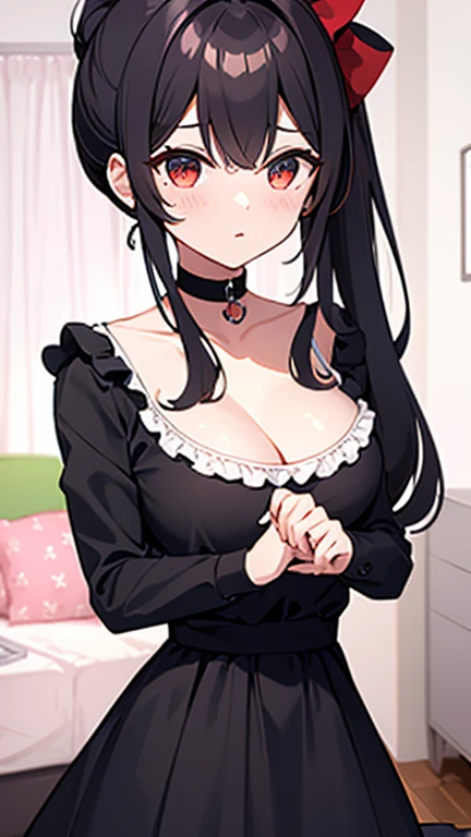 adulto, Cabello negro ondulado, mirada penetrante con ojos profundos de color rojo, estatura promedio, Silky hair with a ponytail hairstyle collected with a red bow with two white lines, tiene pechos grandes, primer plano, session, standing in the middle of his room [[[[Maid]]] , Sonrojada, muslos grandes, maid