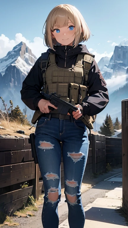 20-year-old woman, Bob cut hair, Blonde, Blue Eyes, Fur jacket, Wear the hood deeply, Natural skin texture, Cold regions, High Contrast, Mountain dogs, nice smile, uniform, M16A3, Holding a gun in your hand,Equipped with multiple magazine pouches, Bulletproof vest, Overall image,Ripped jeans pants,