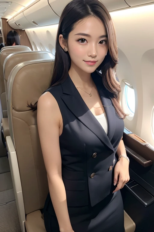 (masterpiece:1.3), High resolution, Super detailed, Highly detailed CG Unity 8k wallpaper, Realistic, photo-Realistic, RAW Photos, Beautifully detailed face, Pale skin, Realistic skin, Detailed cloth texture, Detailed hair texture, Perfect Proportions, Beautiful Face, Accurate, Anatomically correct, Highly detailed face and skin texture, Natural neck length, (Beautiful Hands), (Fair skin:1.2), Thin legs, Thin legs, Sexy thighs, break, Fine grain, Symmetrical eyes, Light brown eyes, double eyelid, Thin eyebrows, (Glossy lips:1.4), (Smile of the Goddess:1.2), break, (A classy and cute 20-year-old girl:1.3), (Wearing the elegant flight attendant uniform of Japan Airlines:1.2), (Large Breasts), (Slim figure:1.2), ((Cleavage)), (Dark brown hair, Wavy Hair), (Upper Body Shot:1.2), (View Viewer:1.2), From the side, break, (Standing in the wide aisle of first class), ((A graceful guiding pose with one arm gently extended to the side:1.2)), (Inside a private plane: 1.2),