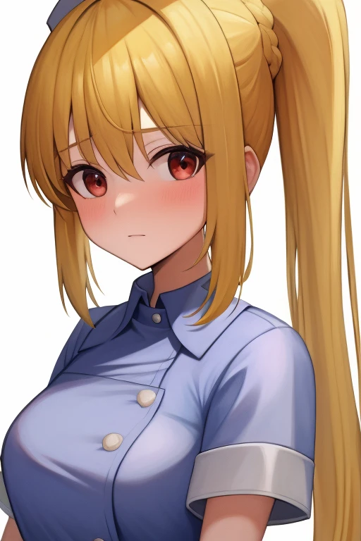(masterpiece, highest quality:1.2), Blonde girl with red eyes,
Side Ponytail, Full Bang,nurse cosplay,holding a bag
,Embarrassed, School,
Super detaileded, highest quality, Expressive eyes, Perfect Face, super high quality, Super detailed