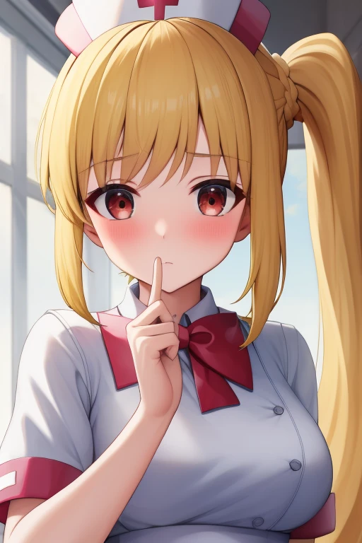(masterpiece, highest quality:1.2), Blonde girl with red eyes,
 Side Ponytail, Full Bang,nurse cosplay,holding a bag
,Embarrassed, School, 
Super detaileded, highest quality, Expressive eyes, Perfect Face, super high quality, Super detailed