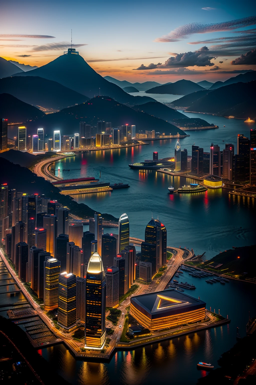 Victoria Harbour, Hong Kong, night light:1.9, shimering lighting:1.2