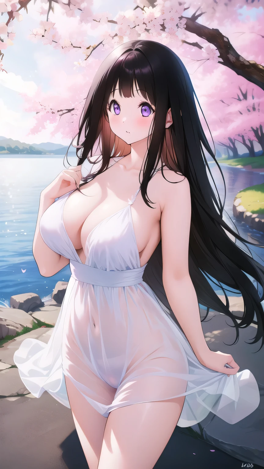 Amazing Chitanda, There is only one beautiful girl,Purple Eyes, Black Hair, Very red face,Very white skin,Glowing skin,Skin as delicate as porcelain,Naturally straight hair, Straight bangs,Extremely refined,Open lips,Long flowing hair,Beautiful Girl, Like a dream,Slim,Slim waist,Soft, (Sensual), (Kawaii), Dream quality,Beautiful big breasts,Areola,Completely naked,Standing on the side,Wearing a transparent wedding dress,Deep V neckline,Loose neckline,Wide neckline,by the lakeside,Light transmission,Under the cherry trees,no pants,pussy juice,Bare shoulders,Bare neck,Exposed collarbone,Exposing breasts,Exposing breasts side,Show your waist,Show your buttocks,Show your thighs,Exposing the groin,No pants,extremely shy,Ultra-high resolution, (masterpiece:1.2, best quality), (Delicate and beautiful eyes: 1.2), (Beautiful and delicate face)
