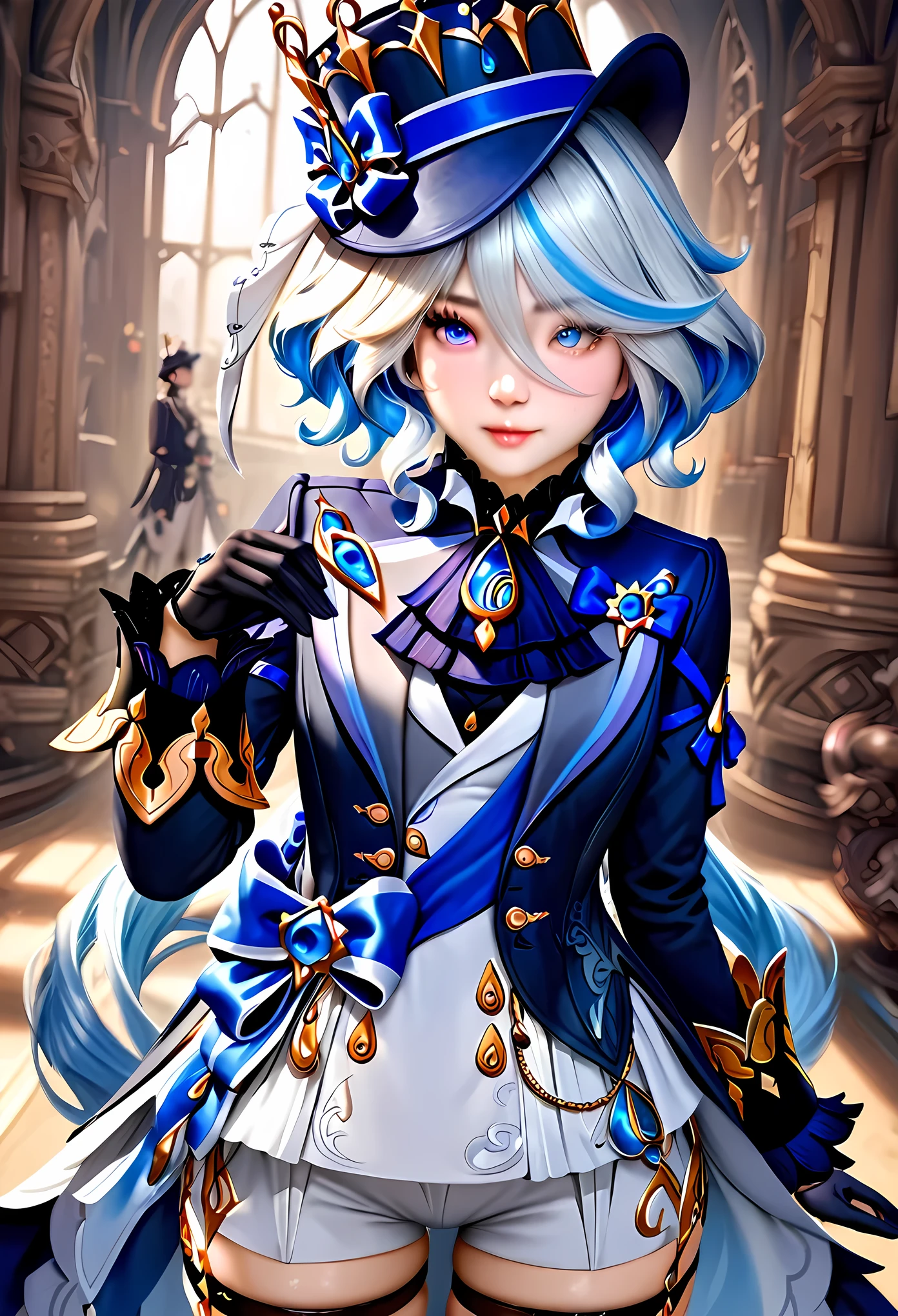 animetoreal,soft light, masterpiece, best quality,high quality,delicate face, realistic,photorealistic,1girl,,furina \(genshin impact\), heterochromia,hat,bule hair,blue eyes,ascot,brooch,long sleeves, jacket,blue bow,gloves,white shorts, thigh strap,castle