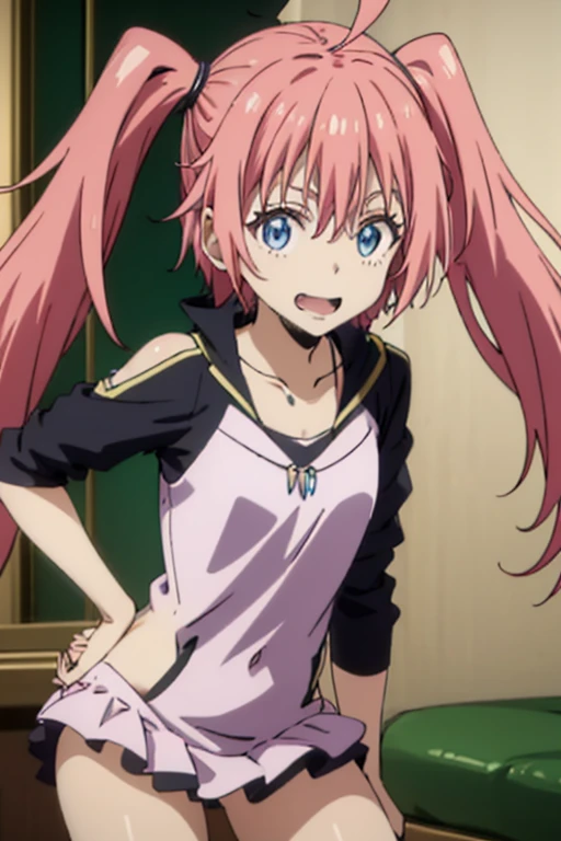 masterpiece, highest quality, 高解picture度,Anime Style、Characters from TenSura、picture、whole body Platinum pink hair(Twin tails:20:1)(Ahoge:1:10)、blue eyes、About 10 years old、birthday、smile、The double tooth shines、Red on the neck、white、Blue magatama necklace、(ピンクとwhiteのボーダーの靴下:7:1)