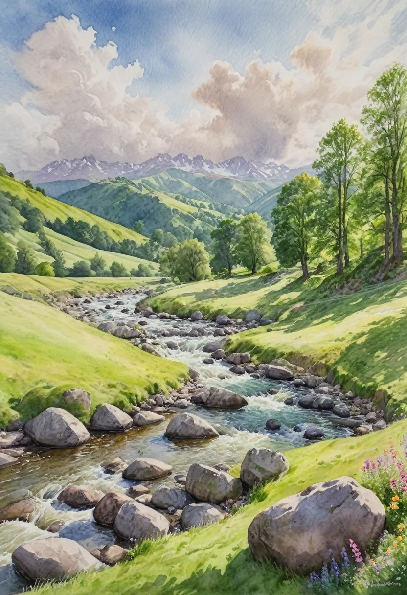 Watercolor Landscape, a scenic watercolor landscape, lush green hills and mountains, flowing river with rocks, colorful wildflowers, sunlit sky with fluffy clouds, peaceful countryside scene, soft blended colors, impressionist style, natural lighting, vibrant hues, dynamic composition, serene atmosphere, beautiful vista, (best quality,4k,8k,highres,masterpiece:1.2),ultra-detailed,(realistic,photorealistic,photo-realistic:1.37), traditional media,watercolor \(medium\),pencil \(medium\),paper \(medium\),painting \(medium\),