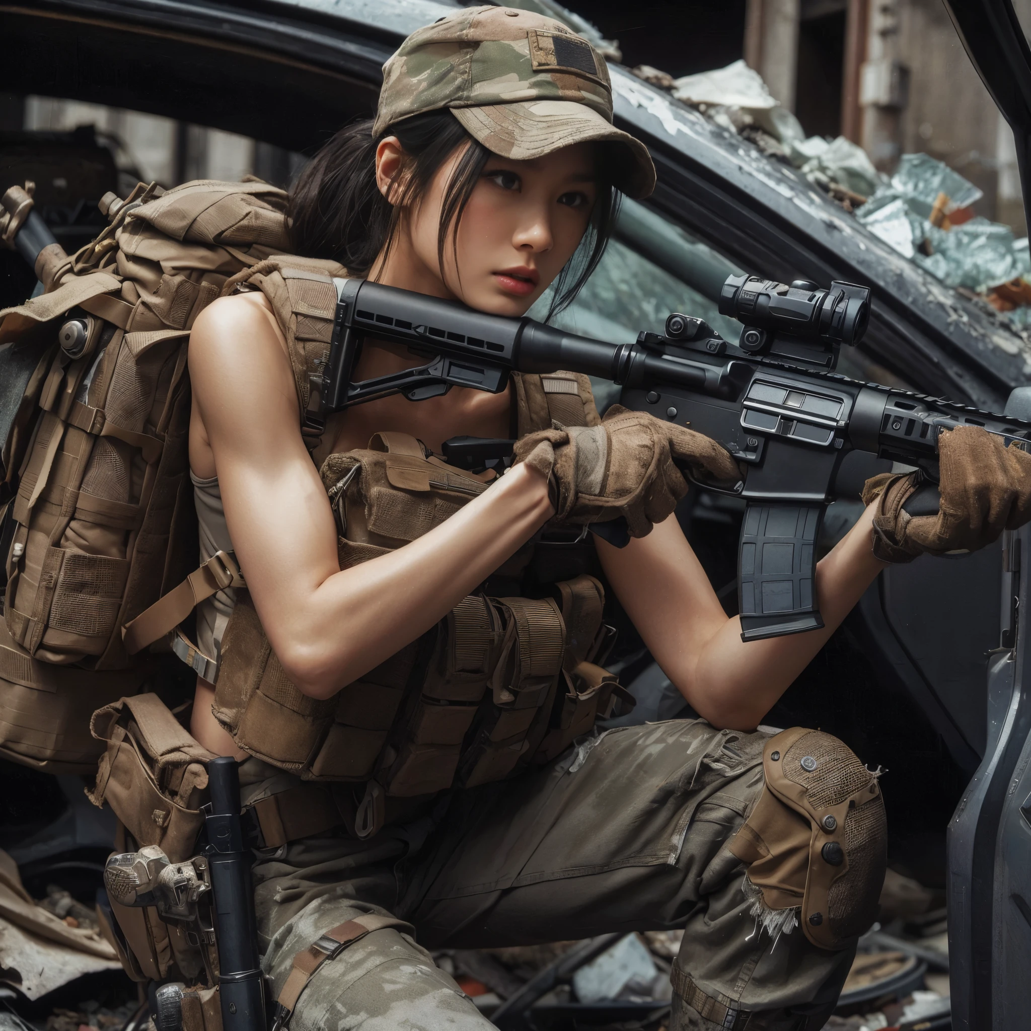 8k,Realistic Skin Texture、Superrealism、Realistic Photo、Japanese Women in the U.S. Army、Bulletproof vest、Automatic rifle、backpack、cap、Heavy equipment、Hide behind a car、Waiting for a chance to counterattack、anger、Scattered rubble、Dynamic action pose