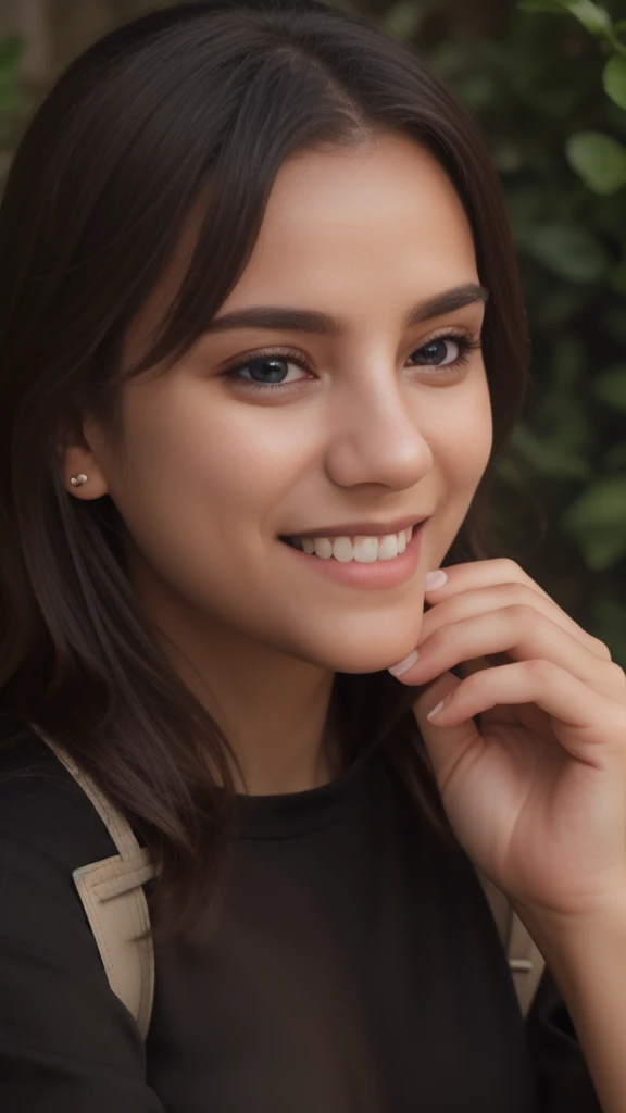  (wearing a black shirt:1.2),(RAW photo, best quality), (realistic, photo-realistic:1.4), masterpiece, an extremely delicate and beautiful, extremely detailed, 2k wallpaper, Amazing, finely detail, extremely detailed CG unity 8k wallpaper, ultra-detailed, highres, soft light, beautiful detailed girl, extremely detailed eyes and face, beautiful detailed nose, beautiful detailed eyes,cinematic lighting, simple background, perfect anatomy, smiling 