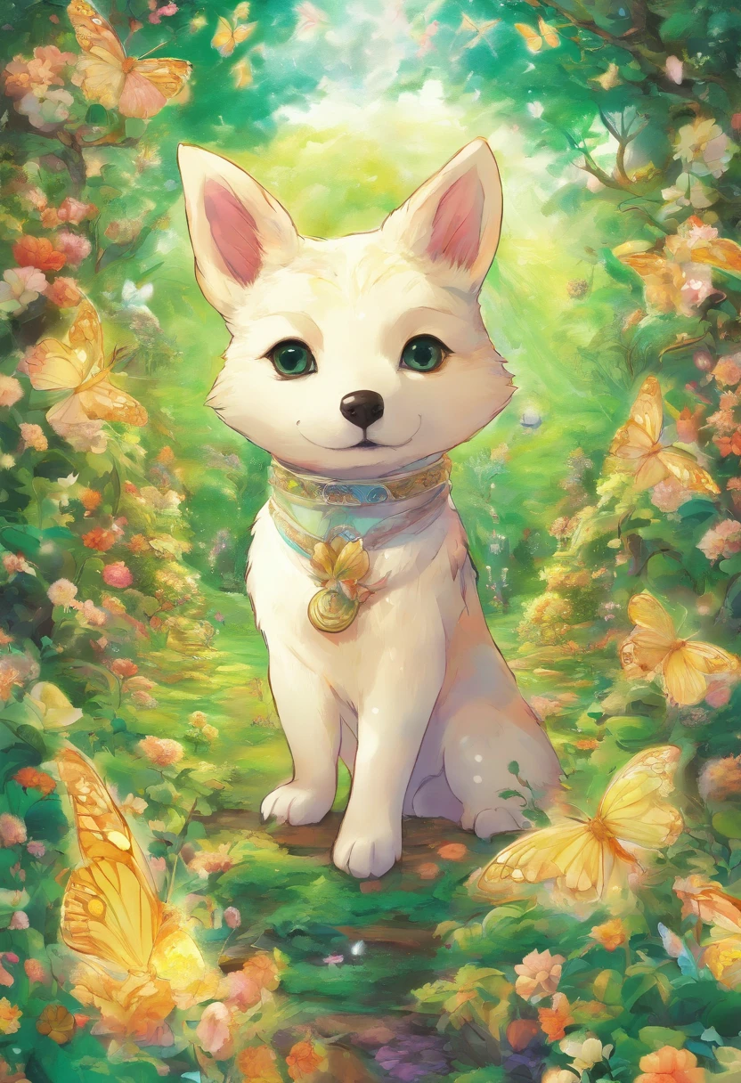 whiteうさぎ,Comic book style, bipedal Shiba Inu, Cute clothes, Green Eyes, white, gray, green, Painted in vibrant watercolors. yellow, Very detailed, Detailed highlights, masterpiece, Fairy tale background, Wonderland, Dynamic Color, Fairytale Light, director: Beatrix Potter, Susan Wheeler, Christopher Dennis, Jean Baptiste Monge, 32K Full HD