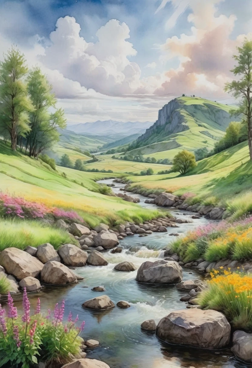 Watercolor Landscape, a scenic watercolor landscape, lush green hills and mountains, flowing river with rocks, colorful wildflowers, sunlit sky with fluffy clouds, peaceful countryside scene, soft blended colors, impressionist style, natural lighting, vibrant hues, dynamic composition, serene atmosphere, beautiful vista, (best quality,4k,8k,highres,masterpiece:1.2),ultra-detailed,(realistic,photorealistic,photo-realistic:1.37), traditional media,watercolor \(medium\),pencil \(medium\),paper \(medium\),painting \(medium\),