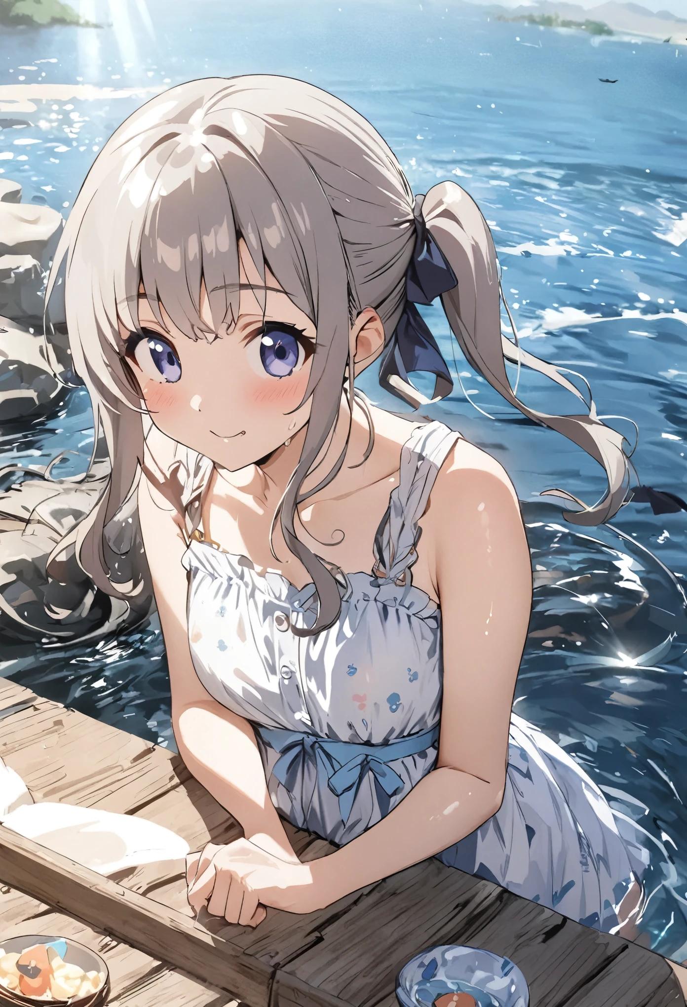 (masterpiece:1.2),(anime),Riverside、Water Play、girl、cute、sunlight、summer