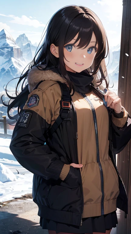 20-year-old woman, semi-long, Brown Hair, Blue Eyes, Fur jacket, Wear the hood deeply, Natural skin texture, Cold regions, High Contrast, Mountain dogs, nice smile, uniform, Mp5A5, Girls with firearms,Equipped with multiple magazine pouches, 