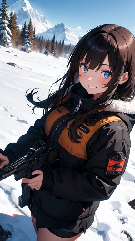 20-year-old woman, semi-long, Brown Hair, Blue Eyes, Fur jacket, Wear the hood deeply, Natural skin texture, Cold regions, High Contrast, Mountain dogs, nice smile, uniform, Mp5A5, Girls with firearms,Equipped with multiple magazine pouches,